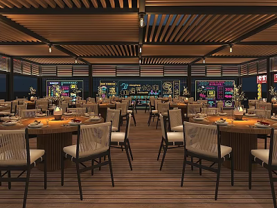 Modern Restaurant Interior With Round Tables Chairs Wooden Flooring And Ceiling Grilles 3d model