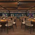Modern Restaurant Interior With Round Tables Chairs Wooden Flooring And Ceiling Grilles