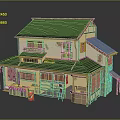 Traditional Japanese Two Story Building With Black Roof Wooden Shop Front And Red Stall