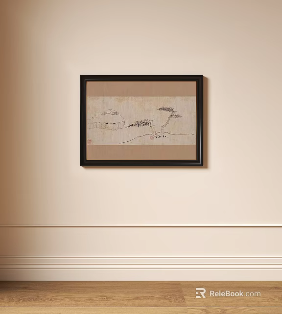 Framed Abstract Painting With Minimalist Line Art On Neutral Beige Wall Interior Decor 3d model 