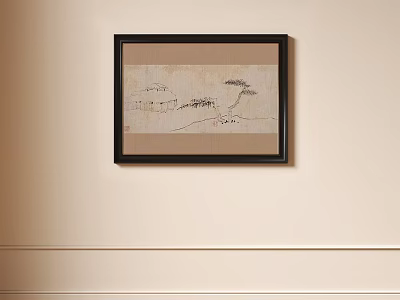 Framed Abstract Painting With Minimalist Line Art On Neutral Beige Wall Interior Decor 3d model