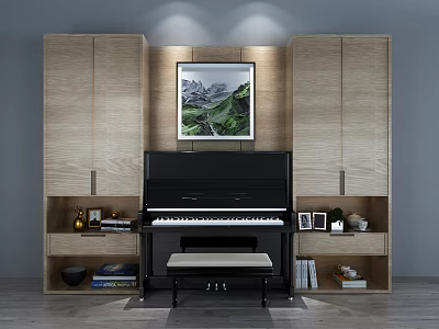 Black Piano And Wall Painting In Modern Interior With Wooden Cabinets Bookshelves And Decorations 3d model