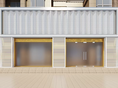 Modern Storefront Facade Design With White Louvered Panels And Glass Doors Entrance Steps 3d model