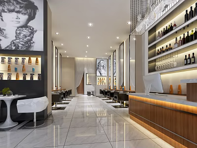 Modern Beauty Hair Salon Interior With Marble Floor Display Shelves Styling Chairs And Wall 3d model