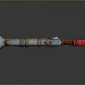 Fantasy Style Weapon With Blue Orange Striped Body Conical Front Silver Blade And Red Cloth