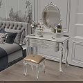 Elegant White Dressing Table With Ornate Mirror And Stool In Bedroom Setting 3d model