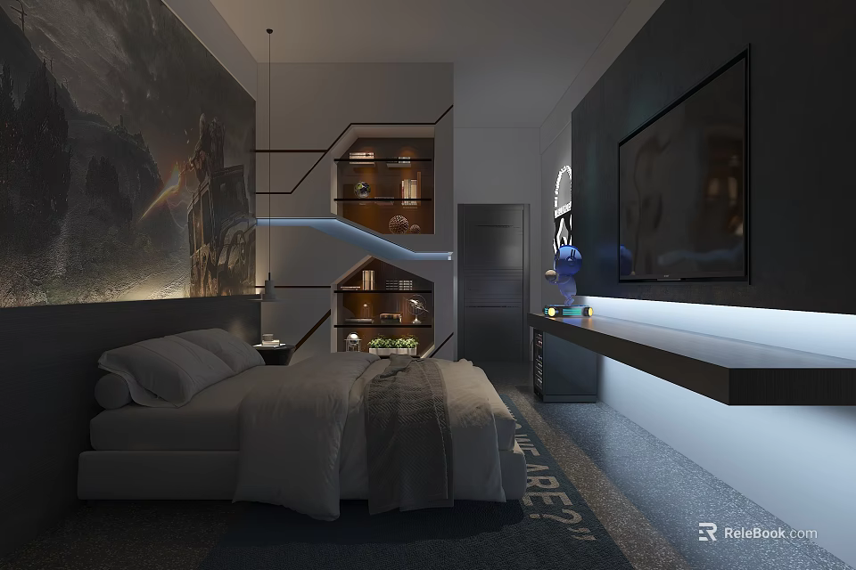 Modern Hotel Guest Room with Comfortable Bed Large Decorative Painting TV and Built in Bookshelf 3d model 