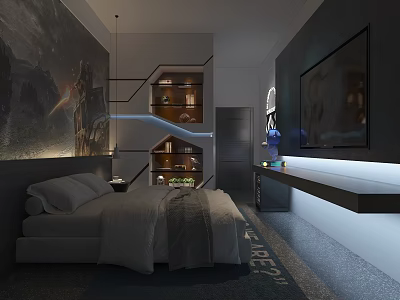 Modern Hotel Guest Room with Comfortable Bed Large Decorative Painting TV and Built in Bookshelf 3d model