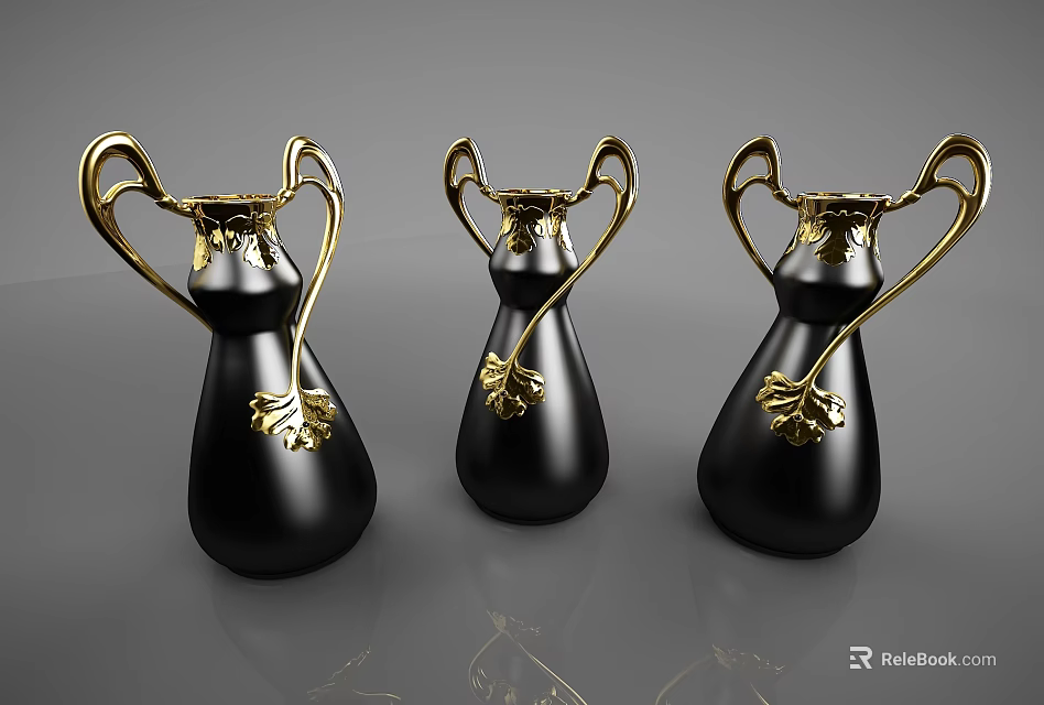 Decorative Ornament Set of Three Black Vases with Gold Handles and Leaf Accents 3d model 