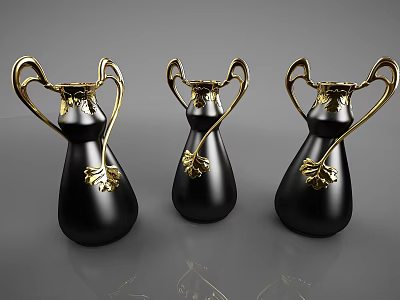 Decorative Ornament Set of Three Black Vases with Gold Handles and Leaf Accents 3d model