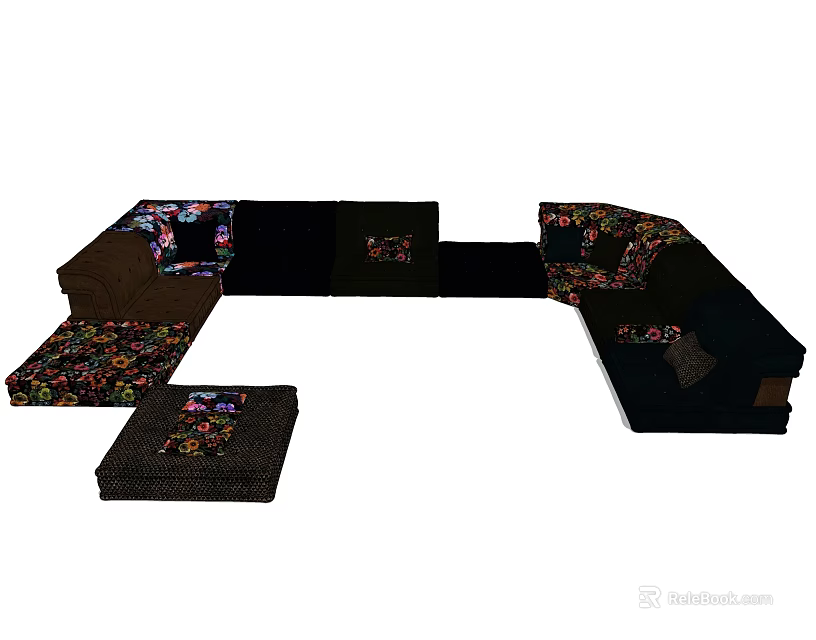 Black Sectional Sofa Set With Floral Printed Cushions And Modular Design 3d model