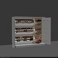 Modern White Shoe Cabinet With Open Doors And Multiple Shelves Holding Various Shoes
