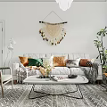 Modern Minimalist Living and Dining Room Interior With White Walls Wooden Furniture And Geometric Rug