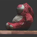 Red Plush Stuffed Bear Toy Sitting On Wooden Platform With Gray Background