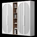 Modern White Bookshelf With Striped Doors And Open Wooden Shelves For Storage And Book