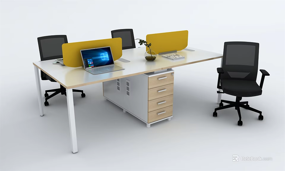 Long Modern Office Desk With Laptops Yellow Dividers Potted Plant And Black Office Chairs 3d model 