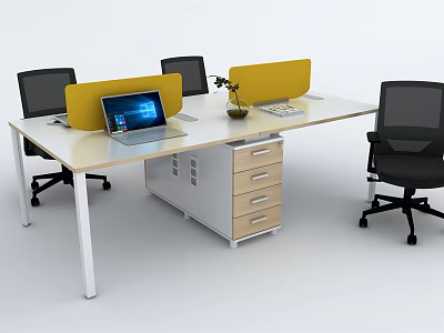 Long Modern Office Desk With Laptops Yellow Dividers Potted Plant And Black Office Chairs 3d model