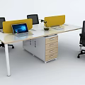 Long Modern Office Desk With Laptops Yellow Dividers Potted Plant And Black Office Chairs
