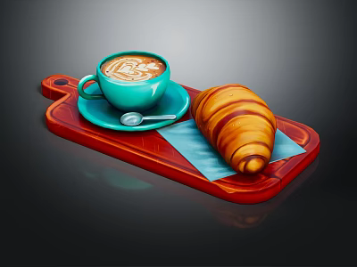 Creamy Latte Coffee With Latte Art In Blue Cup And Croissant On Red Cutting Board 3d model