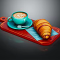 Creamy Latte Coffee With Latte Art In Blue Cup And Croissant On Red Cutting Board