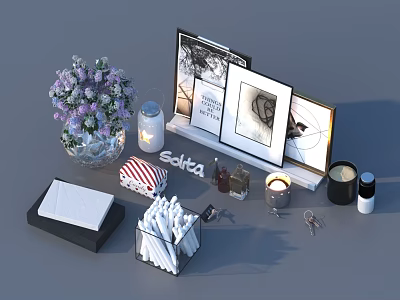 Home Living Essentials With Purple Flowers Scented Candle Photo Frames Tissue Box And Keys 3d model
