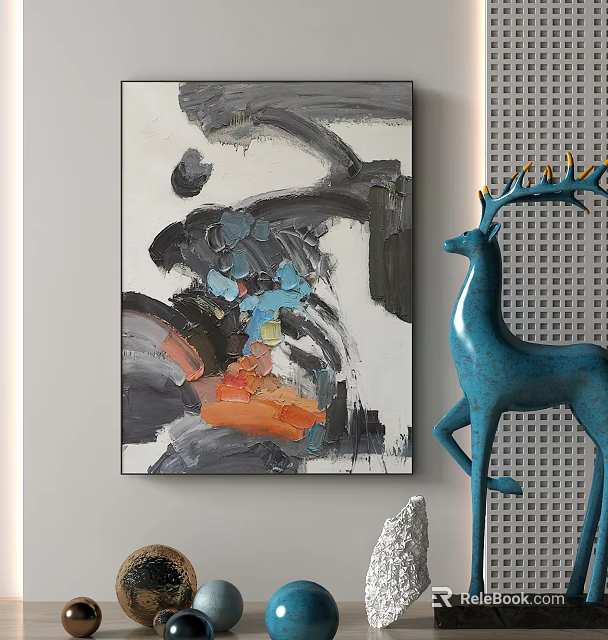 Abstract Wall Painting And Blue Deer Ornament In Modern Interior Design 3d model 