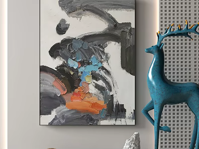 Abstract Wall Painting And Blue Deer Ornament In Modern Interior Design 3d model