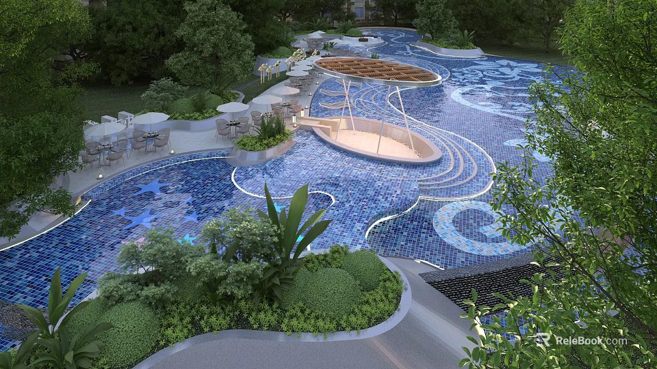 Garden Landscape With Blue Mosaic Pool Curved Pathway Stone Decorations And Greenery 3d model 