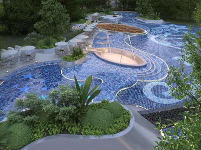 Garden Landscape With Blue Mosaic Pool Curved Pathway Stone Decorations And Greenery 3d model