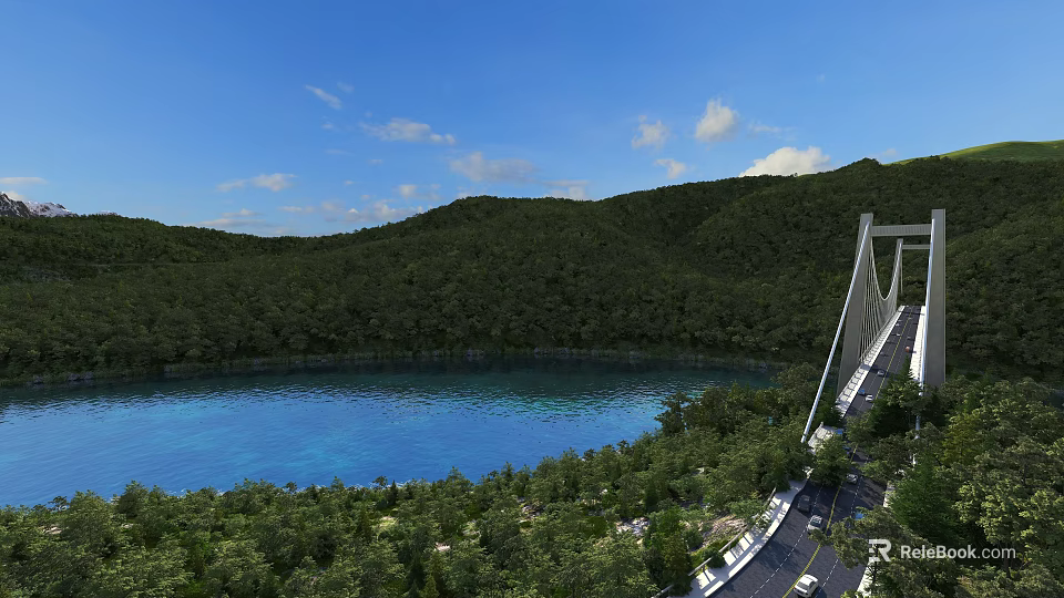 Picturesque Natural Scenery With Blue Lake Lush Green Mountains And Suspension Bridge Under Clear Sky 3d model 