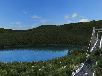 Picturesque Natural Scenery With Blue Lake Lush Green Mountains And Suspension Bridge Under Clear Sky 3d model