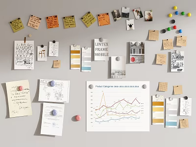 Creative Workspace Wall Featuring Notes Charts Sketches Color Swatches And Push Pins 3d model