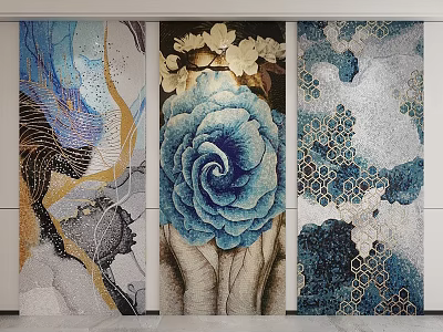 Decorative Wall Art With Central Blue Flower White Blossoms And Side Patterns 3d model