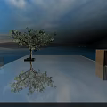 Outdoor Swimming Pool With Cherry Blossom Tree Reflection And Open Scenic Landscape