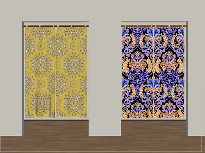 Vibrant Yellow and Blue Purple Curtains With Intricate Decorative Patterns For Home Interior 3d model