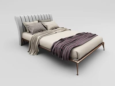 Modern Double Bed With Striped Headboard Light Gray Beige Bedding And Metal Frame 3d model