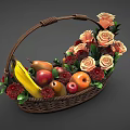 Stylish Wicker Basket With Fresh Bananas Apples Pears And Orange Roses