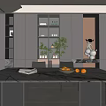 Modern Dining Room Interior With Gray Cabinets Shelves Dining Table Vase And Black Beige Chairs