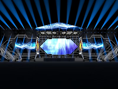 Modern Stage Design With Blue Lights LED Screen And Lighting Effects 3d model