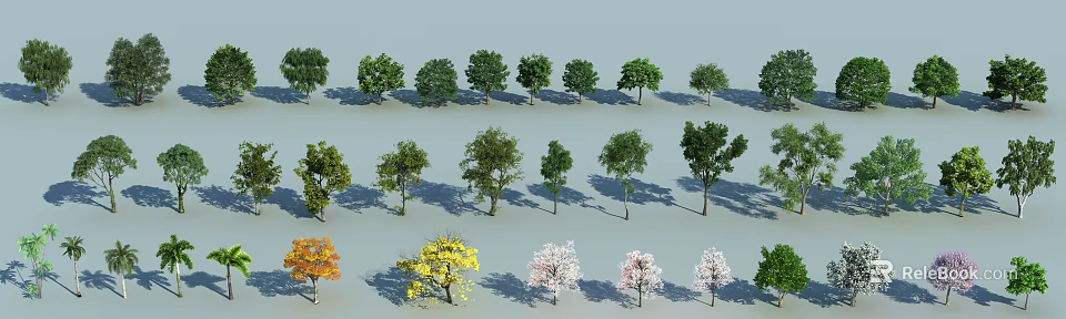 Various Arbor Trees with Yellow Pink Green Foliage in Garden Landscape 3d model 