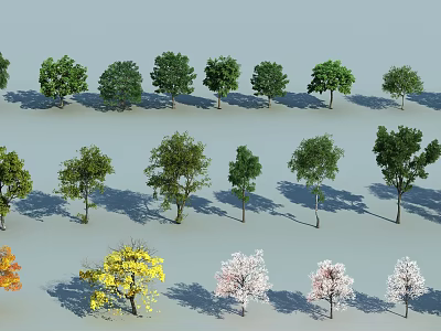Various Arbor Trees with Yellow Pink Green Foliage in Garden Landscape 3d model