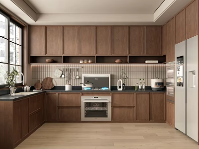 Modern Kitchen Interior Design With Wooden Cabinets Stainless Steel Appliances And Windows 3d model