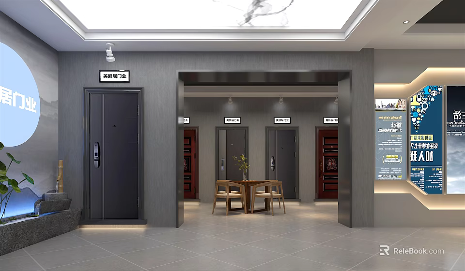 Modern Door Showroom Interior With Display Doors Reception Area And Natural Light 3d model 