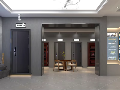 Modern Door Showroom Interior With Display Doors Reception Area And Natural Light 3d model