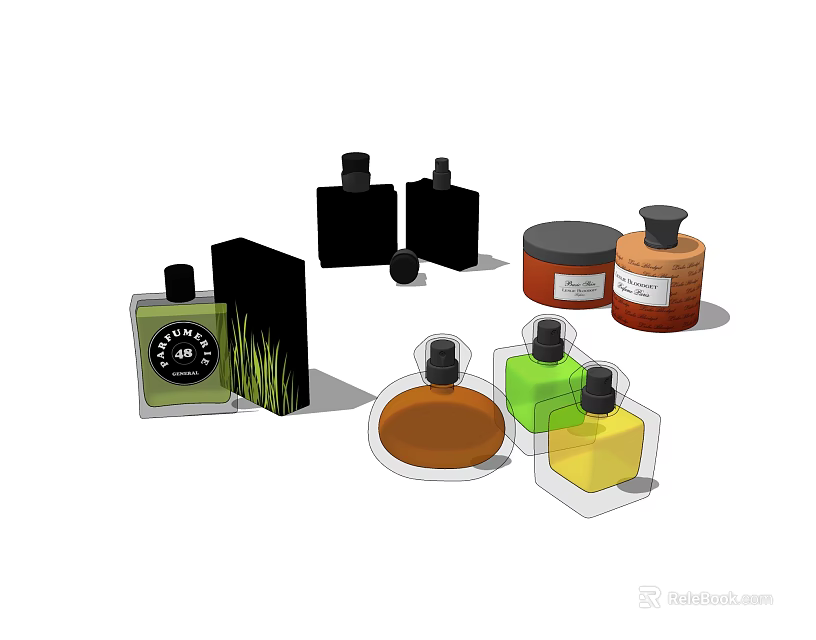 Perfume Cosmetics Collection With Colorful Labeled Bottles And Black Packaging Boxes 3d model 