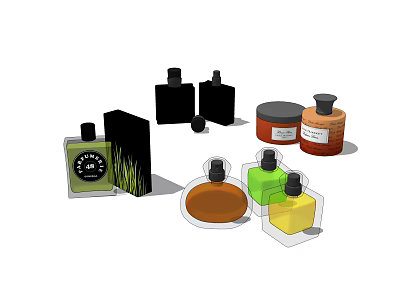 Perfume Cosmetics Collection With Colorful Labeled Bottles And Black Packaging Boxes 3d model