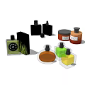 Perfume Cosmetics Collection With Colorful Labeled Bottles And Black Packaging Boxes