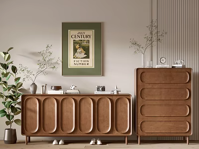 Brown Wooden Entryway Cabinet And Sideboard With Arched Doors Green Plants Wall Poster And Ornaments 3d model