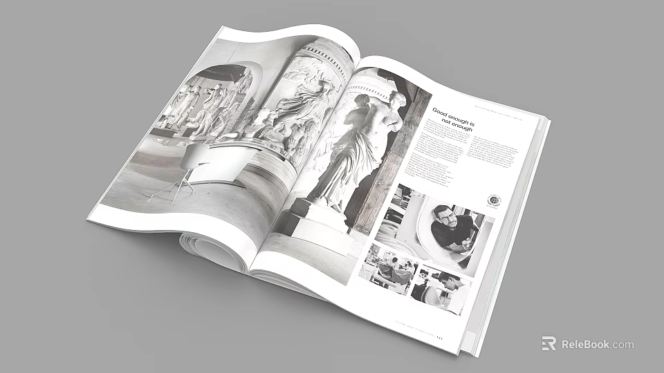 Open Magazine With Black And White Sculpture Images And Detailed Text Content 3d model 