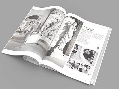 Open Magazine With Black And White Sculpture Images And Detailed Text Content 3d model